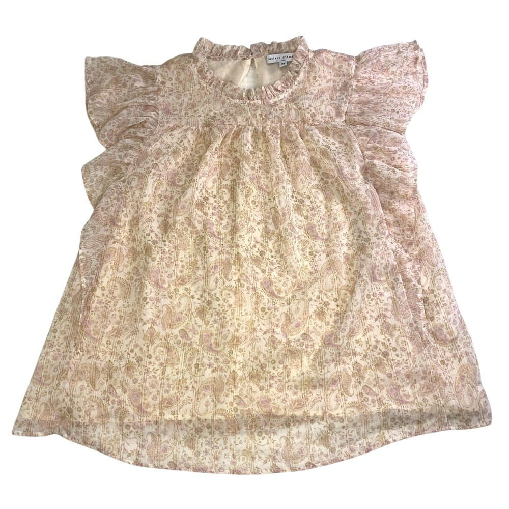 Maison d'Amelie Floral Boho Blouse Ruffle Short Sleeve Gold Lurex Top Cream M